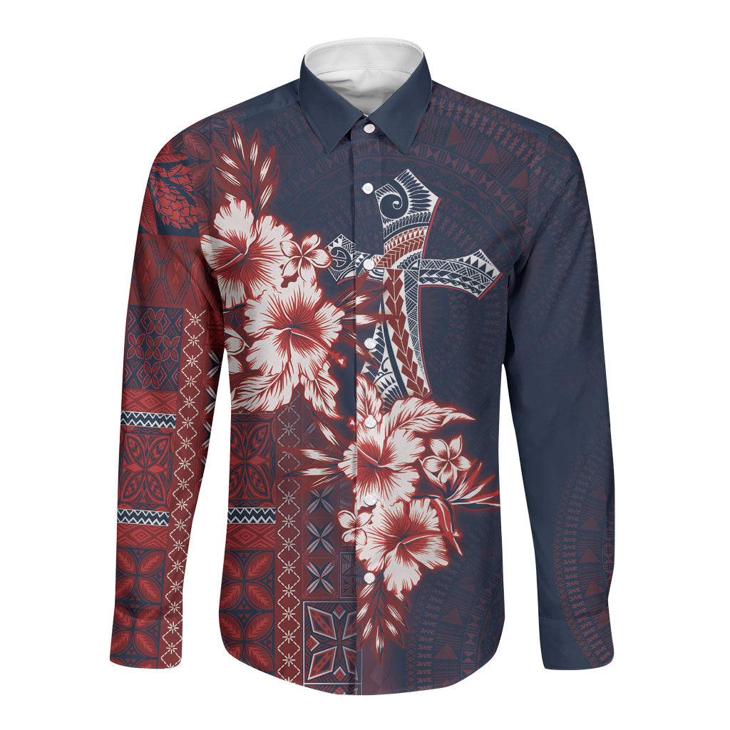 Samoa AIGA Mamanu Siapo Malu Motifs Long Sleeve Button Shirt Flag Color LT7 Unisex Navy Blue - Polynesian Pride