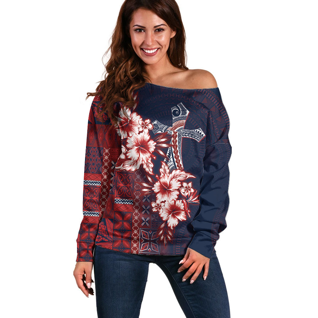 Samoa AIGA Mamanu Siapo Malu Motifs Off Shoulder Sweater Flag Color LT7 Women Navy Blue - Polynesian Pride
