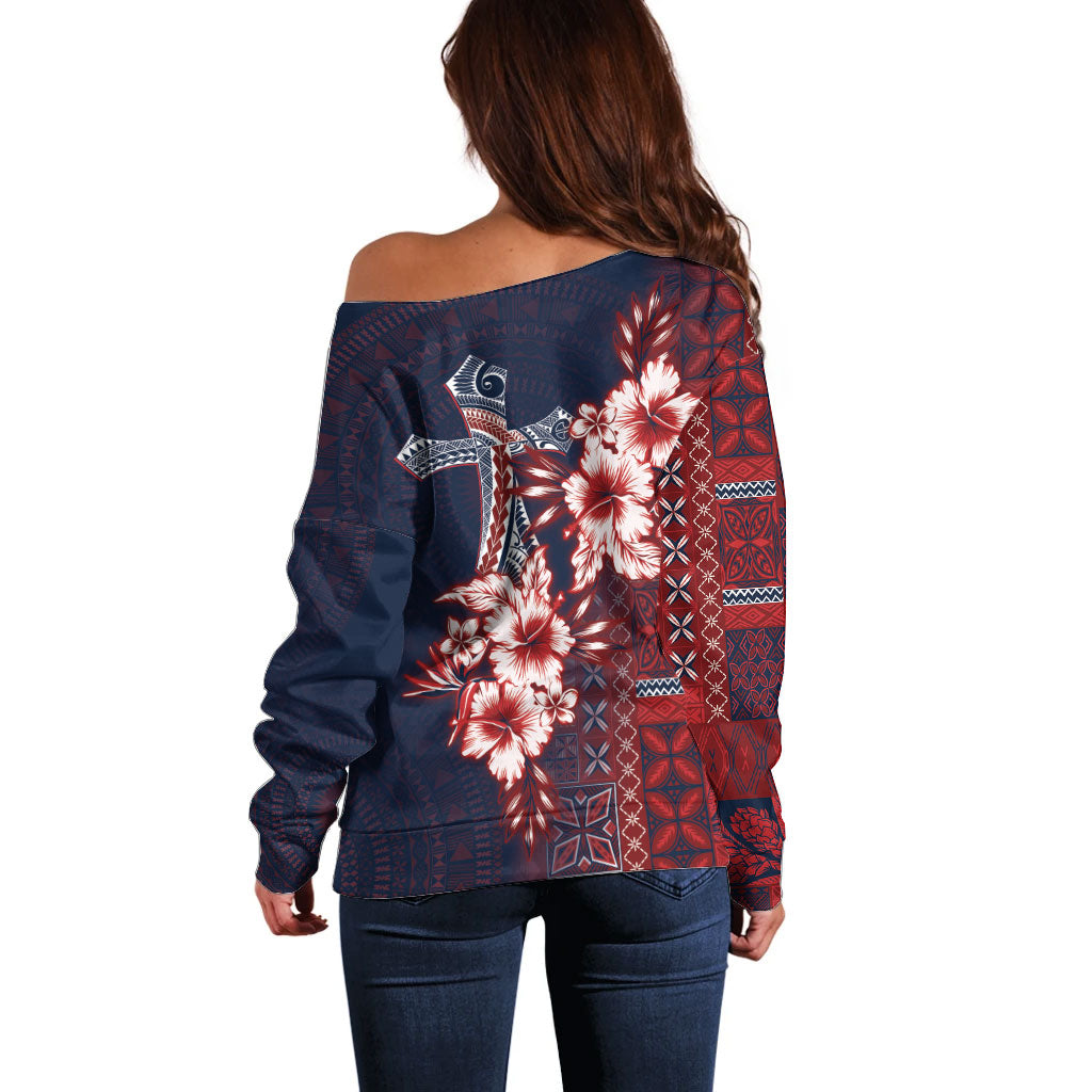 Samoa AIGA Mamanu Siapo Malu Motifs Off Shoulder Sweater Flag Color LT7 - Polynesian Pride