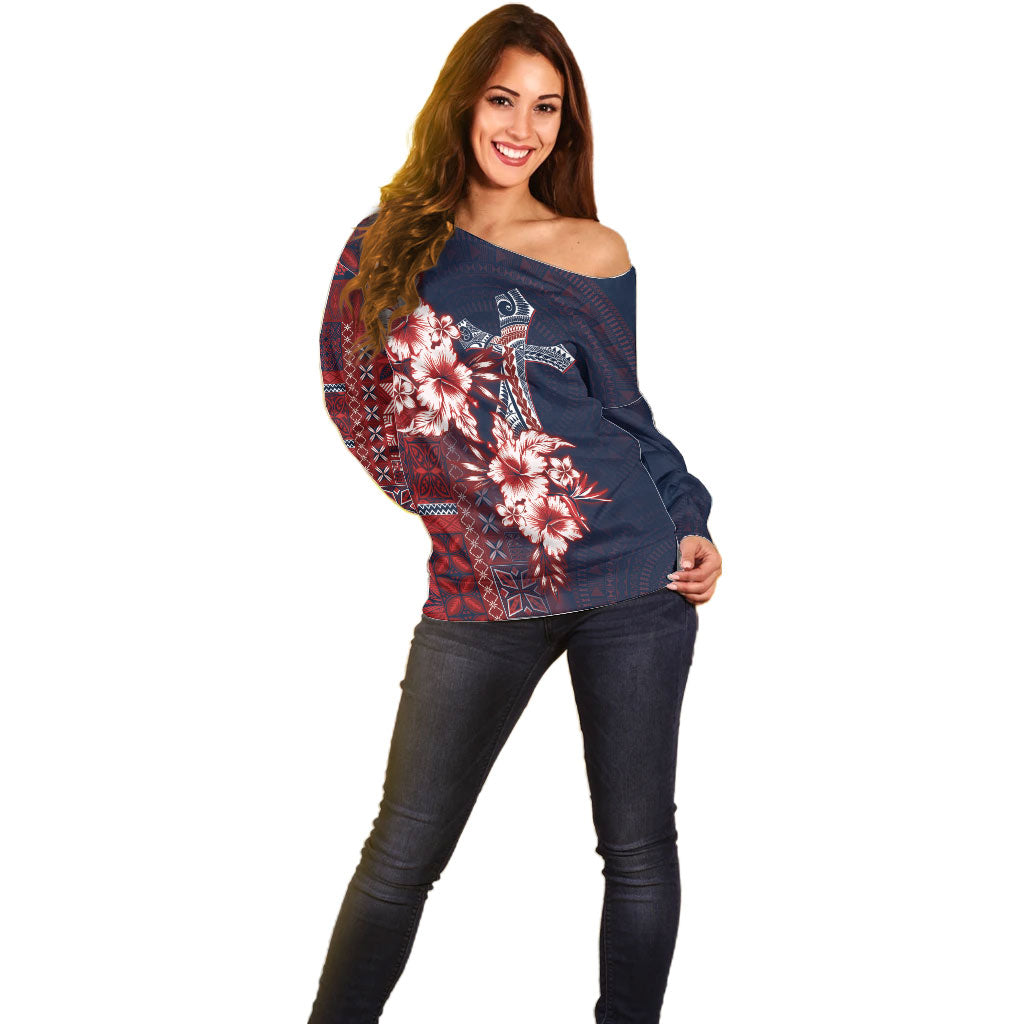 Samoa AIGA Mamanu Siapo Malu Motifs Off Shoulder Sweater Flag Color LT7 - Polynesian Pride