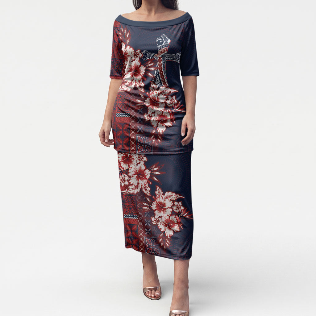 Samoa AIGA Mamanu Siapo Malu Motifs Puletasi Flag Color LT7 Long Dress Navy Blue - Polynesian Pride