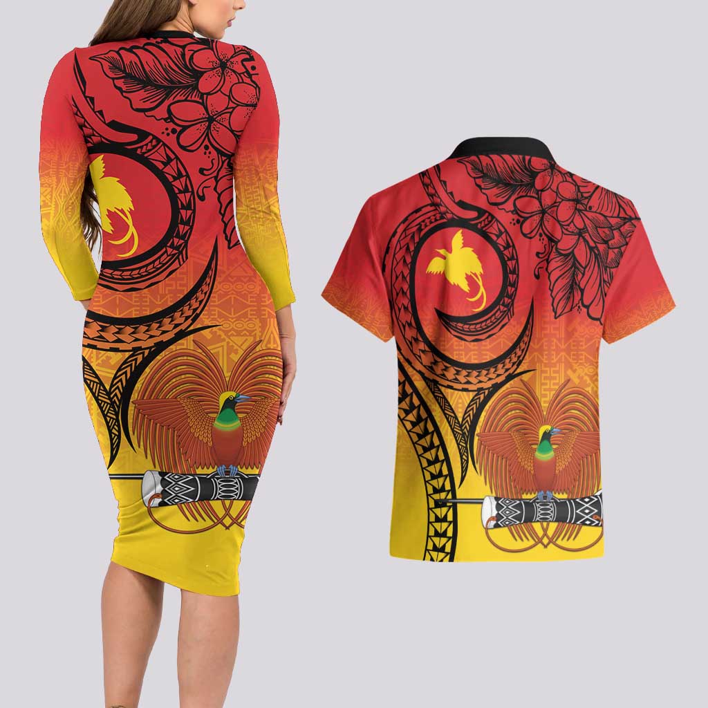 Papua New Guinea 50 Years Couples Matching Long Sleeve Bodycon Dress and Hawaiian Shirt Motuan Motifs LT7 - Polynesian Pride