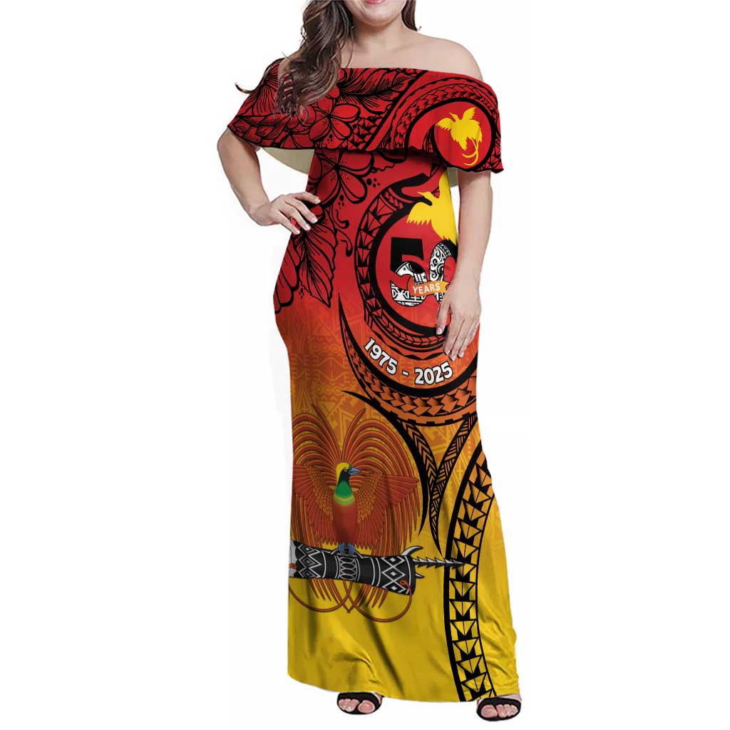 Papua New Guinea 50 Years Family Matching Off Shoulder Maxi Dress and Hawaiian Shirt Motuan Motifs LT7 Mom's Dress Colorful - Polynesian Pride