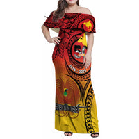 Papua New Guinea 50 Years Family Matching Off Shoulder Maxi Dress and Hawaiian Shirt Motuan Motifs LT7 Mom's Dress Colorful - Polynesian Pride