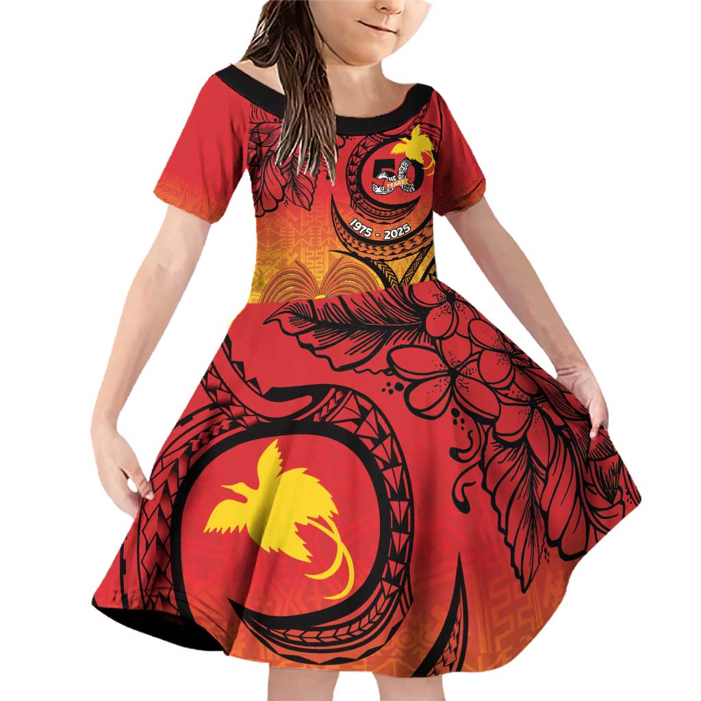 Papua New Guinea 50 Years Family Matching Off Shoulder Short Dress and Hawaiian Shirt Motuan Motifs LT7 Daughter's Dress Colorful - Polynesian Pride