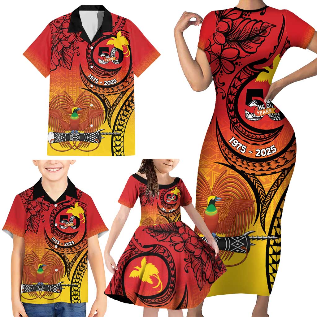 Papua New Guinea 50 Years Family Matching Short Sleeve Bodycon Dress and Hawaiian Shirt Motuan Motifs LT7 - Polynesian Pride