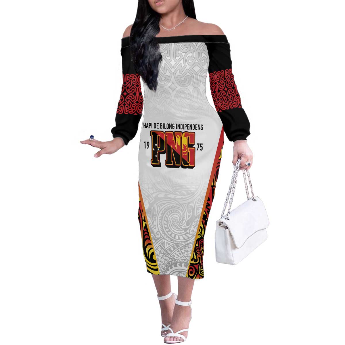 Personalized Papua New Guinea Family Matching Off The Shoulder Long Sleeve Dress and Hawaiian Shirt Hapi De bilong Indipendens PNG LT7 Mom's Dress White - Polynesian Pride