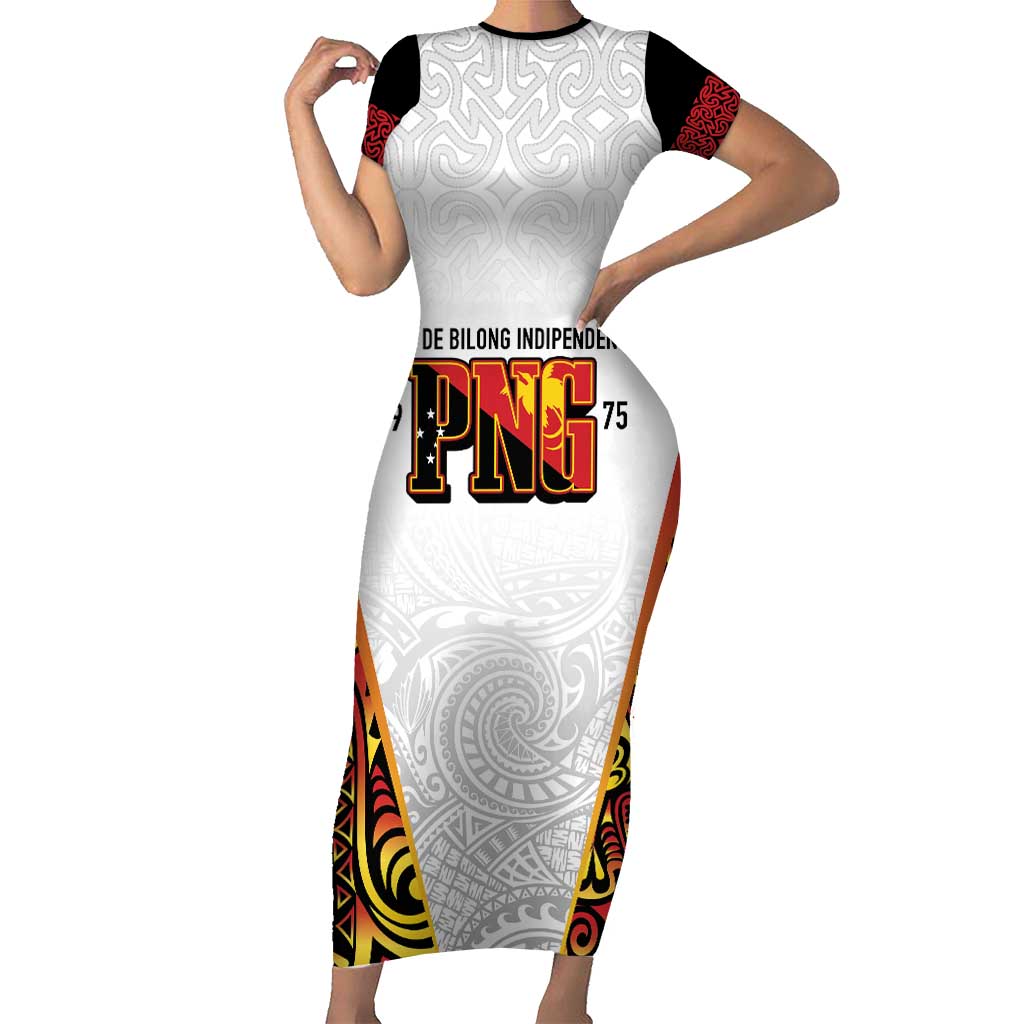 Personalized Papua New Guinea Family Matching Short Sleeve Bodycon Dress and Hawaiian Shirt Hapi De bilong Indipendens PNG LT7 Mom's Dress White - Polynesian Pride