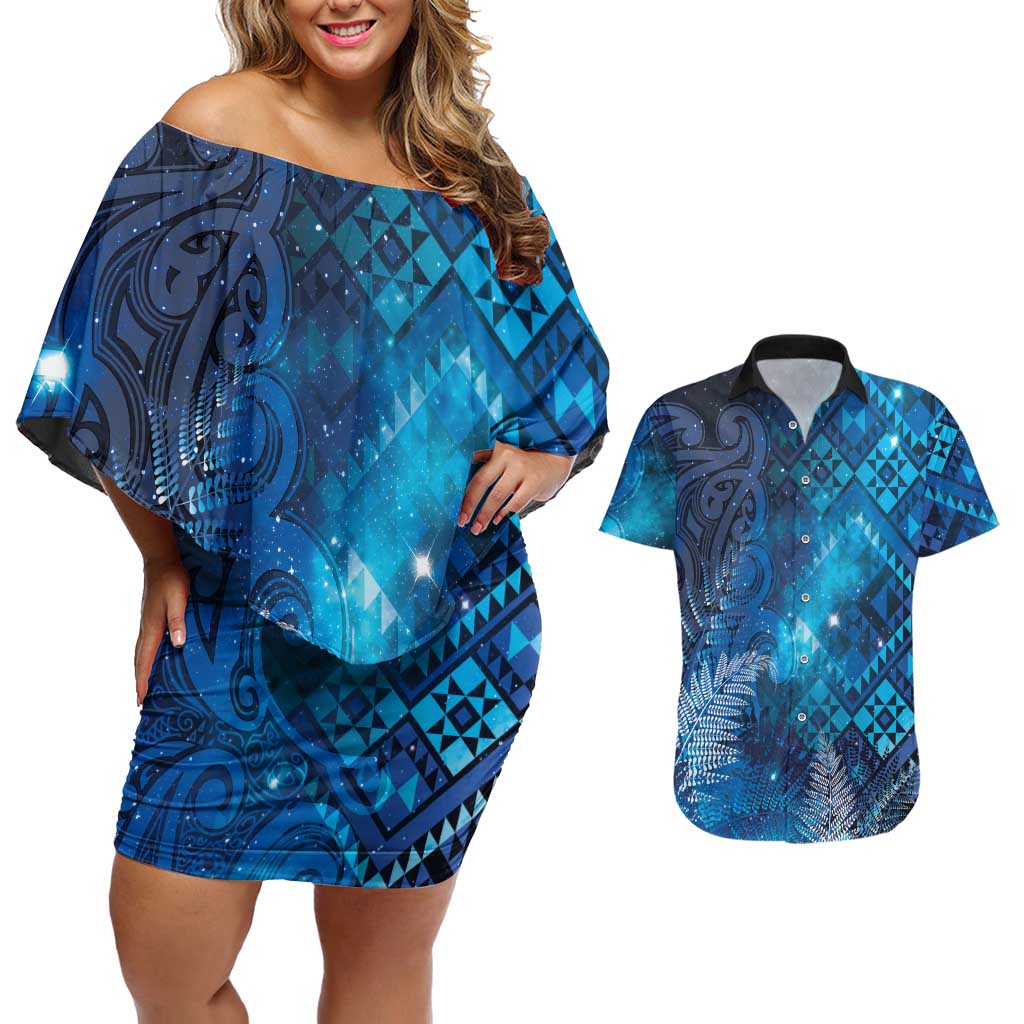 Aotearoa Taniko Matariki Couples Matching Off Shoulder Short Dress and Hawaiian Shirt Cosmic Blue