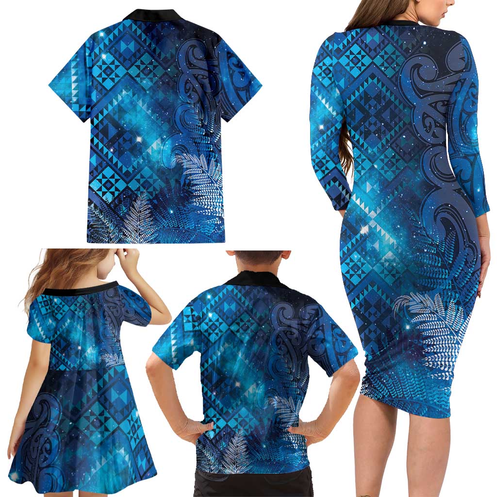 Aotearoa Taniko Matariki Family Matching Long Sleeve Bodycon Dress and Hawaiian Shirt Cosmic Blue LT7 - Polynesian Pride