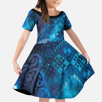 Aotearoa Taniko Matariki Family Matching Off The Shoulder Long Sleeve Dress and Hawaiian Shirt Cosmic Blue LT7 Daughter's Dress Blue - Polynesian Pride