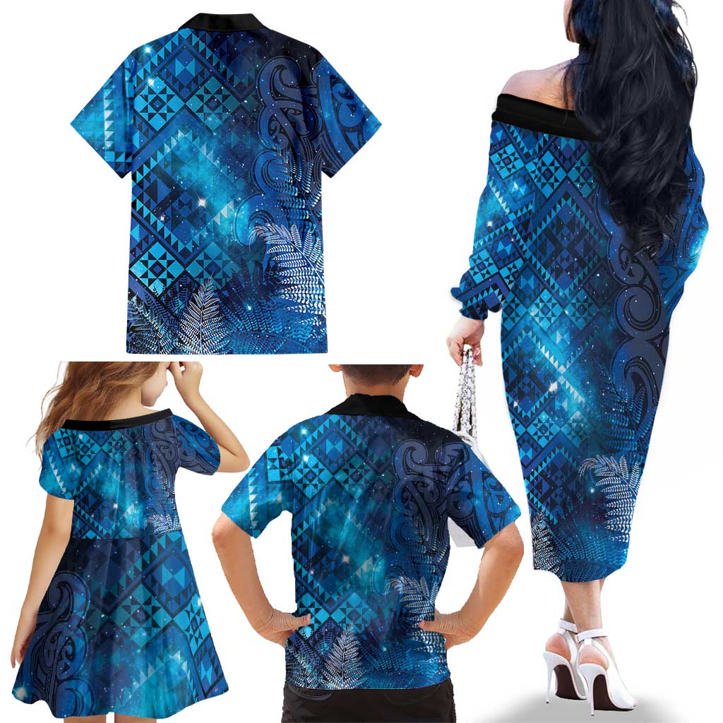 Aotearoa Taniko Matariki Family Matching Off The Shoulder Long Sleeve Dress and Hawaiian Shirt Cosmic Blue LT7 - Polynesian Pride