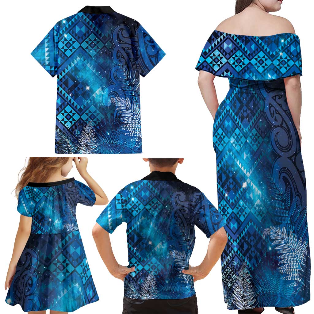 Aotearoa Taniko Matariki Family Matching Off Shoulder Maxi Dress and Hawaiian Shirt Cosmic Blue