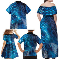 Aotearoa Taniko Matariki Family Matching Off Shoulder Maxi Dress and Hawaiian Shirt Cosmic Blue