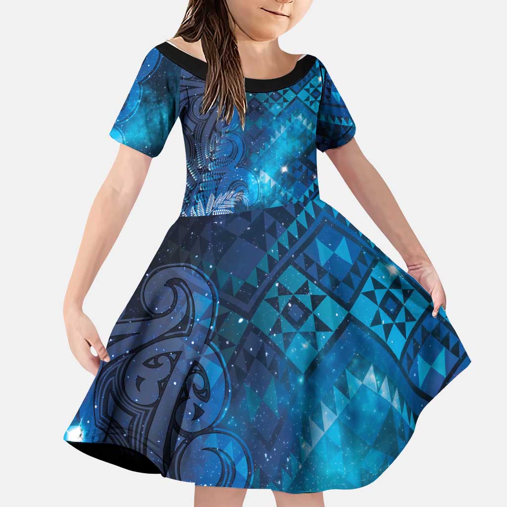 Aotearoa Taniko Matariki Family Matching Short Sleeve Bodycon Dress and Hawaiian Shirt Cosmic Blue LT7 Daughter's Dress Blue - Polynesian Pride