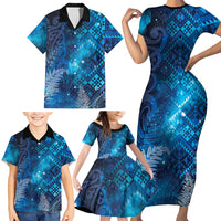 Aotearoa Taniko Matariki Family Matching Short Sleeve Bodycon Dress and Hawaiian Shirt Cosmic Blue LT7 - Polynesian Pride