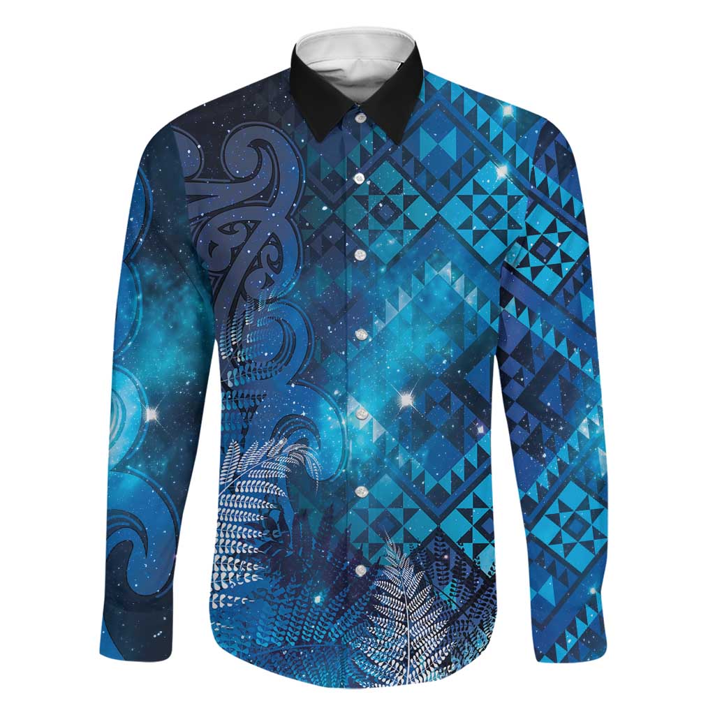 Aotearoa Taniko Matariki Family Matching Short Sleeve Bodycon Dress and Hawaiian Shirt Cosmic Blue LT7 Dad's Shirt - Long Sleeve Blue - Polynesian Pride