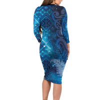 Aotearoa Taniko Matariki Long Sleeve Bodycon Dress Cosmic Blue