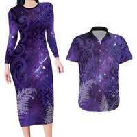 Aotearoa Taniko Matariki Couples Matching Long Sleeve Bodycon Dress and Hawaiian Shirt Cosmic Violet