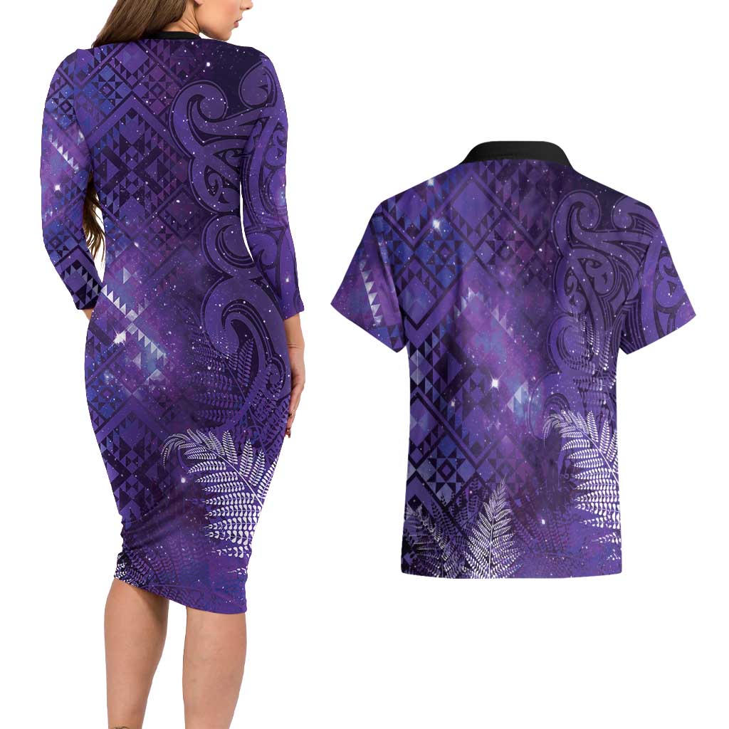 Aotearoa Taniko Matariki Couples Matching Long Sleeve Bodycon Dress and Hawaiian Shirt Cosmic Violet