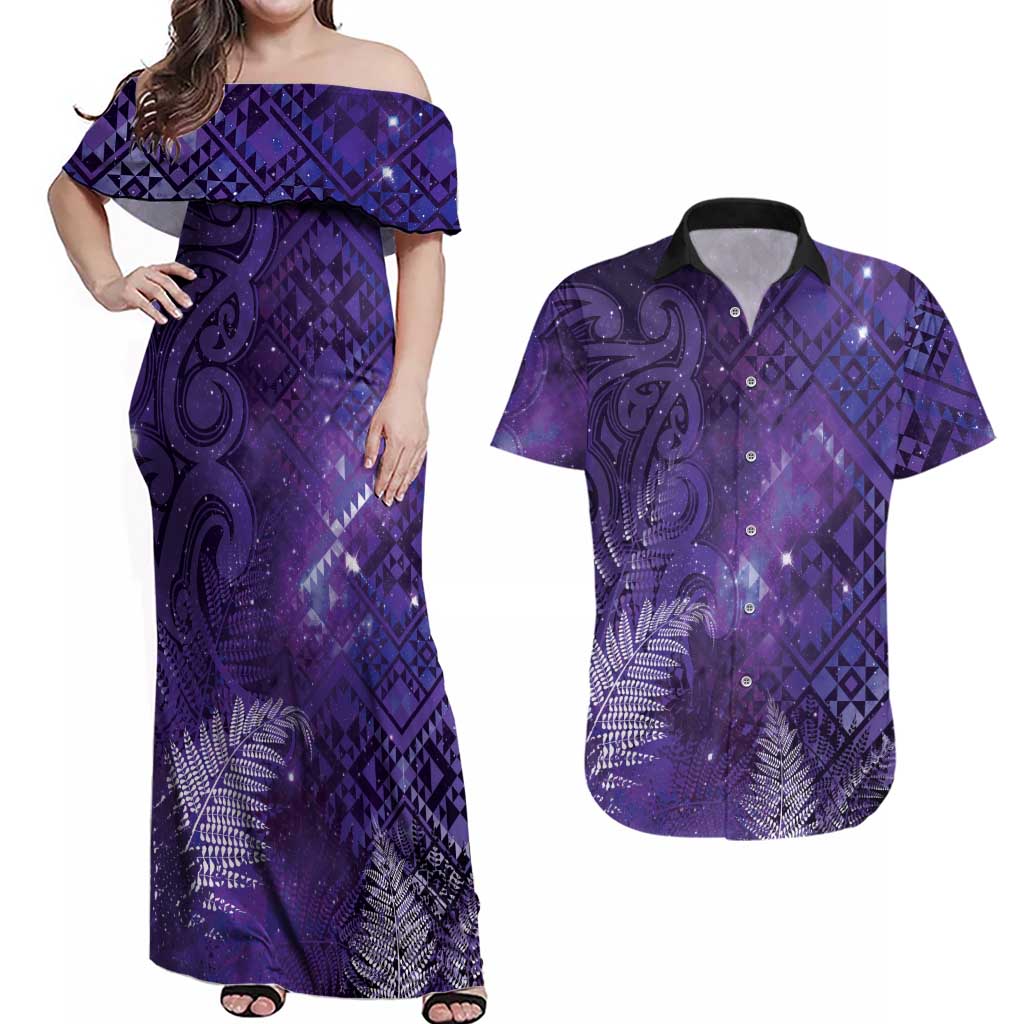 Aotearoa Taniko Matariki Couples Matching Off Shoulder Maxi Dress and Hawaiian Shirt Cosmic Violet
