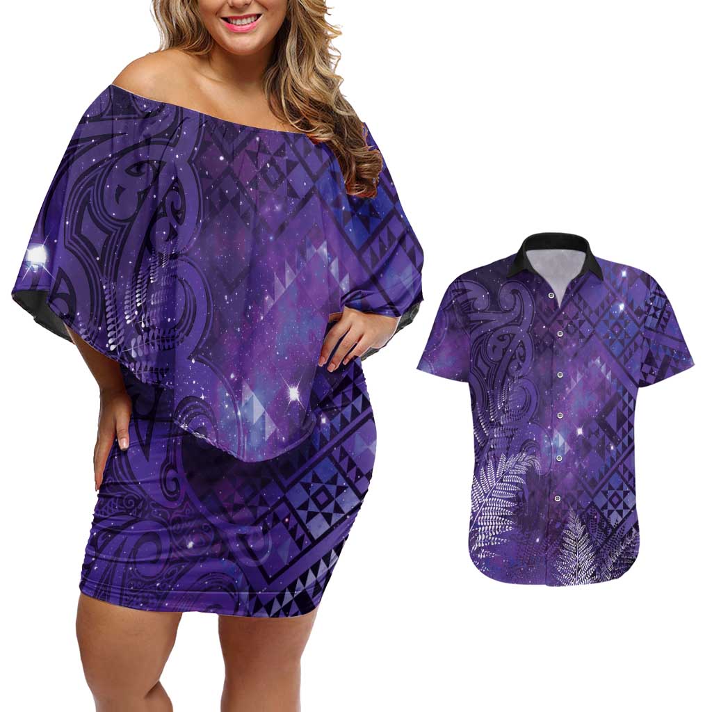 Aotearoa Taniko Matariki Couples Matching Off Shoulder Short Dress and Hawaiian Shirt Cosmic Violet