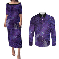 Aotearoa Taniko Matariki Couples Matching Puletasi and Long Sleeve Button Shirt Cosmic Violet
