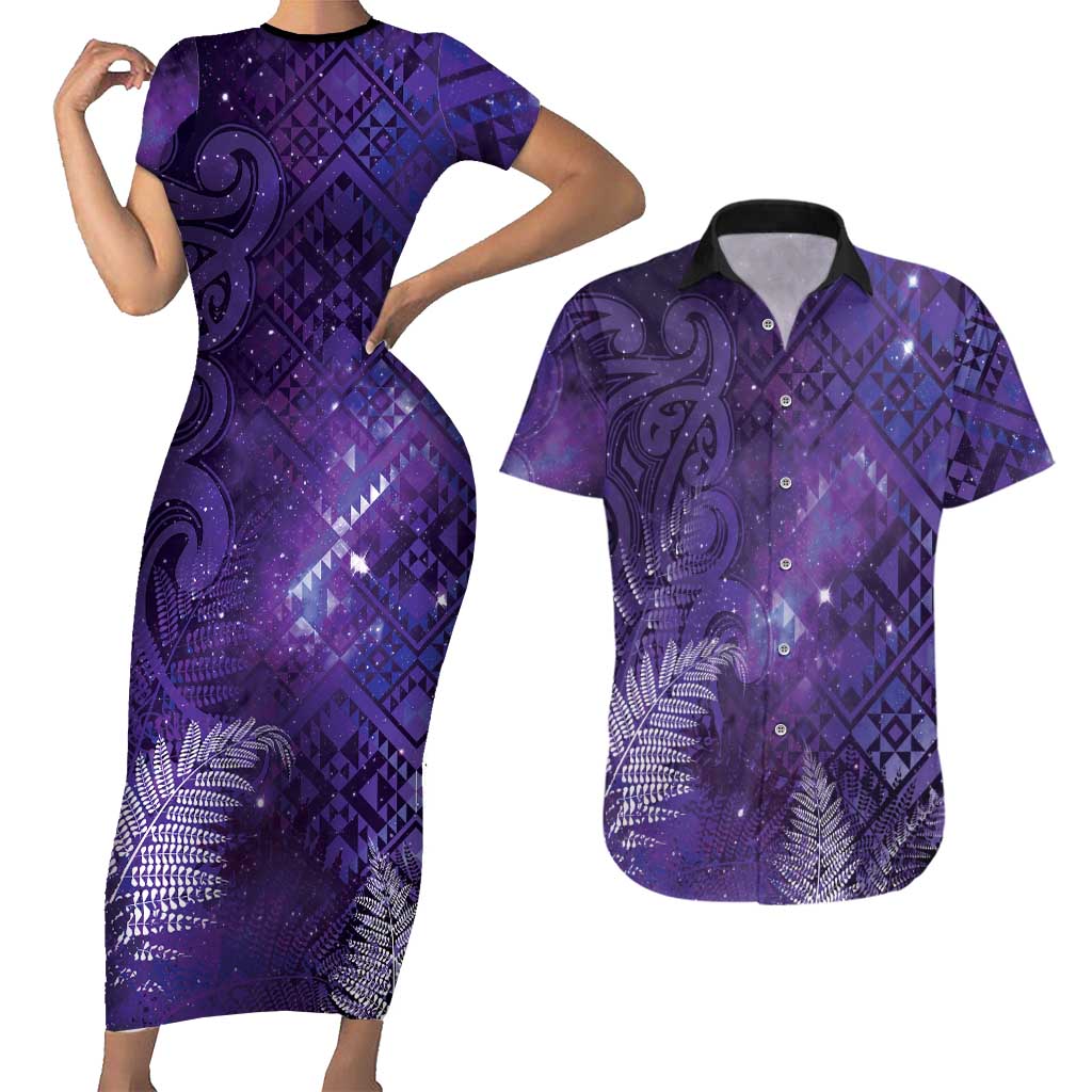Aotearoa Taniko Matariki Couples Matching Short Sleeve Bodycon Dress and Hawaiian Shirt Cosmic Violet