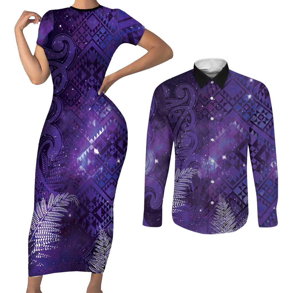 Aotearoa Taniko Matariki Couples Matching Short Sleeve Bodycon Dress and Long Sleeve Button Shirt Cosmic Violet