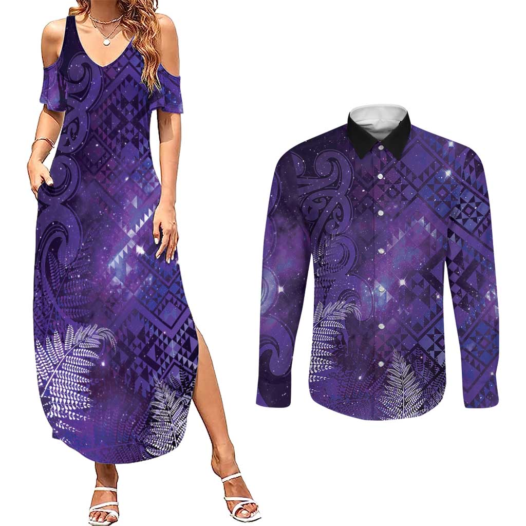 Aotearoa Taniko Matariki Couples Matching Summer Maxi Dress and Long Sleeve Button Shirt Cosmic Violet