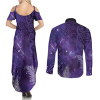 Aotearoa Taniko Matariki Couples Matching Summer Maxi Dress and Long Sleeve Button Shirt Cosmic Violet