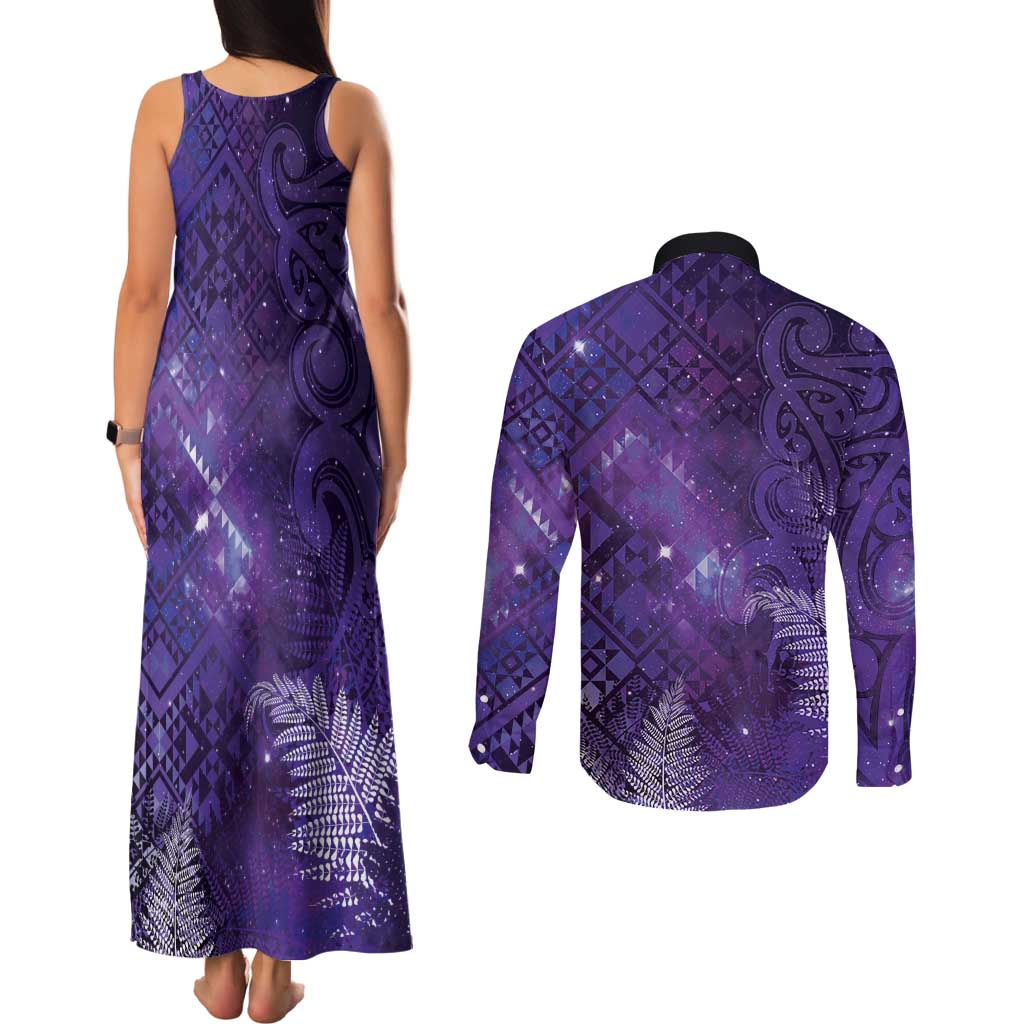 Aotearoa Taniko Matariki Couples Matching Tank Maxi Dress and Long Sleeve Button Shirt Cosmic Violet