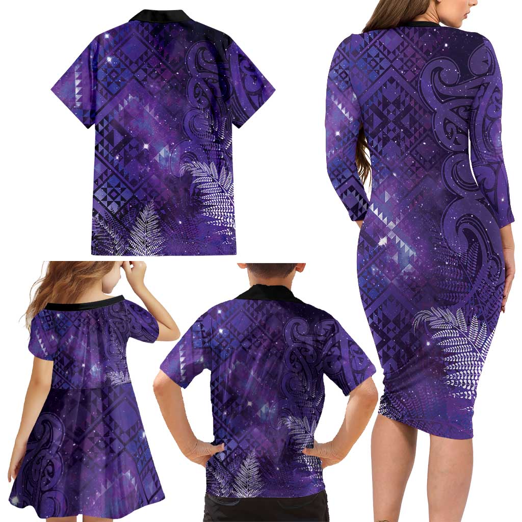 Aotearoa Taniko Matariki Family Matching Long Sleeve Bodycon Dress and Hawaiian Shirt Cosmic Violet LT7 - Polynesian Pride