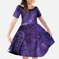 Aotearoa Taniko Matariki Family Matching Off The Shoulder Long Sleeve Dress and Hawaiian Shirt Cosmic Violet LT7 Daughter's Dress Purple - Polynesian Pride
