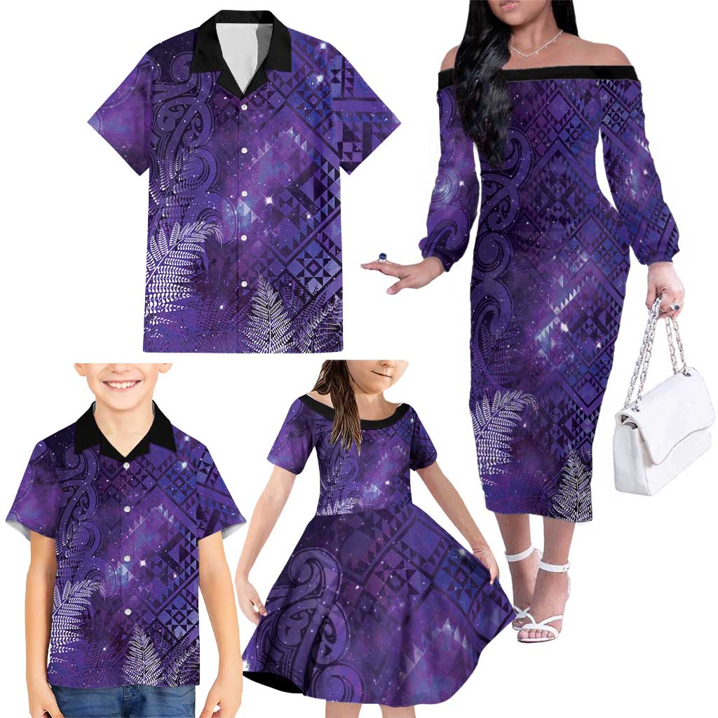 Aotearoa Taniko Matariki Family Matching Off The Shoulder Long Sleeve Dress and Hawaiian Shirt Cosmic Violet