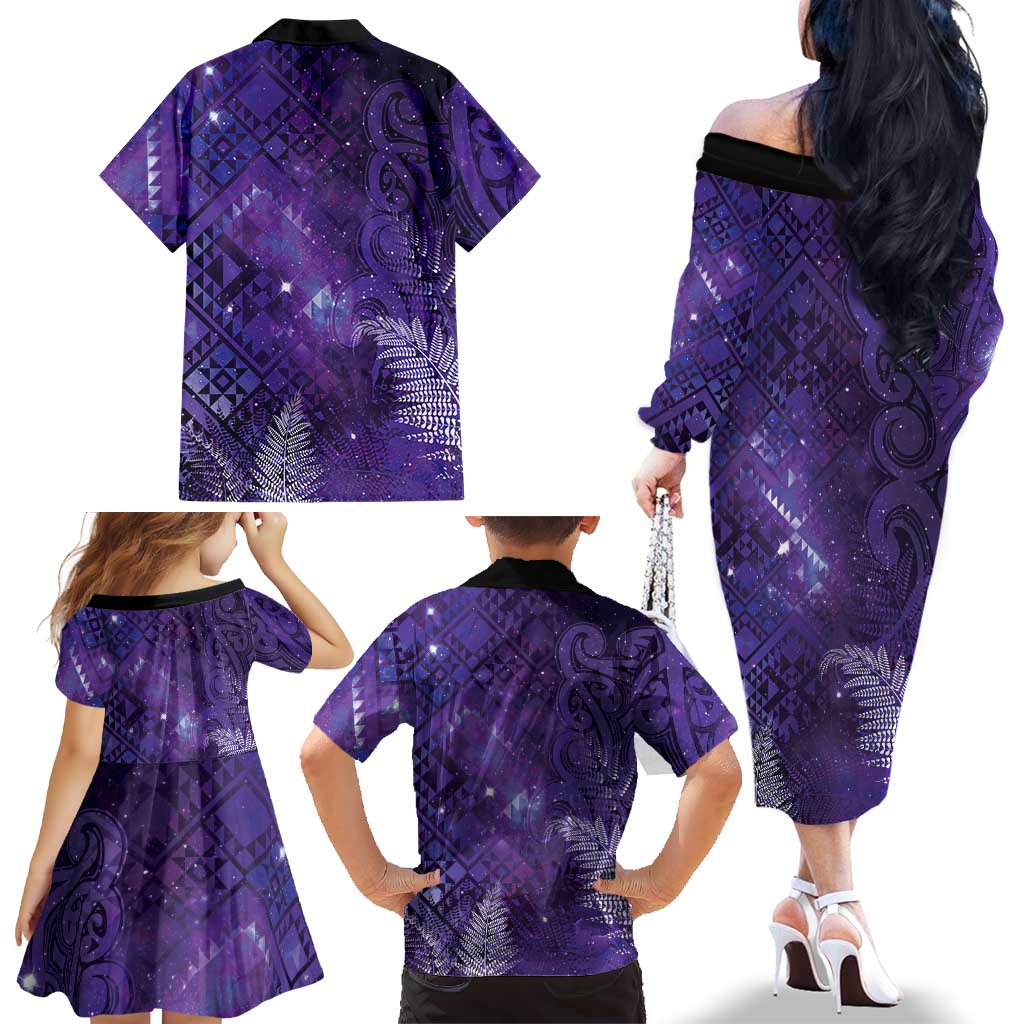 Aotearoa Taniko Matariki Family Matching Off The Shoulder Long Sleeve Dress and Hawaiian Shirt Cosmic Violet LT7 - Polynesian Pride