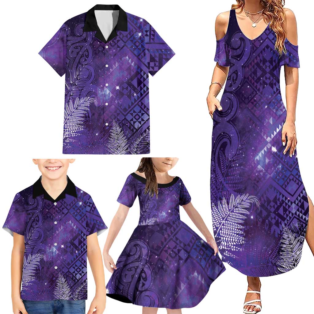 Aotearoa Taniko Matariki Family Matching Summer Maxi Dress and Hawaiian Shirt Cosmic Violet