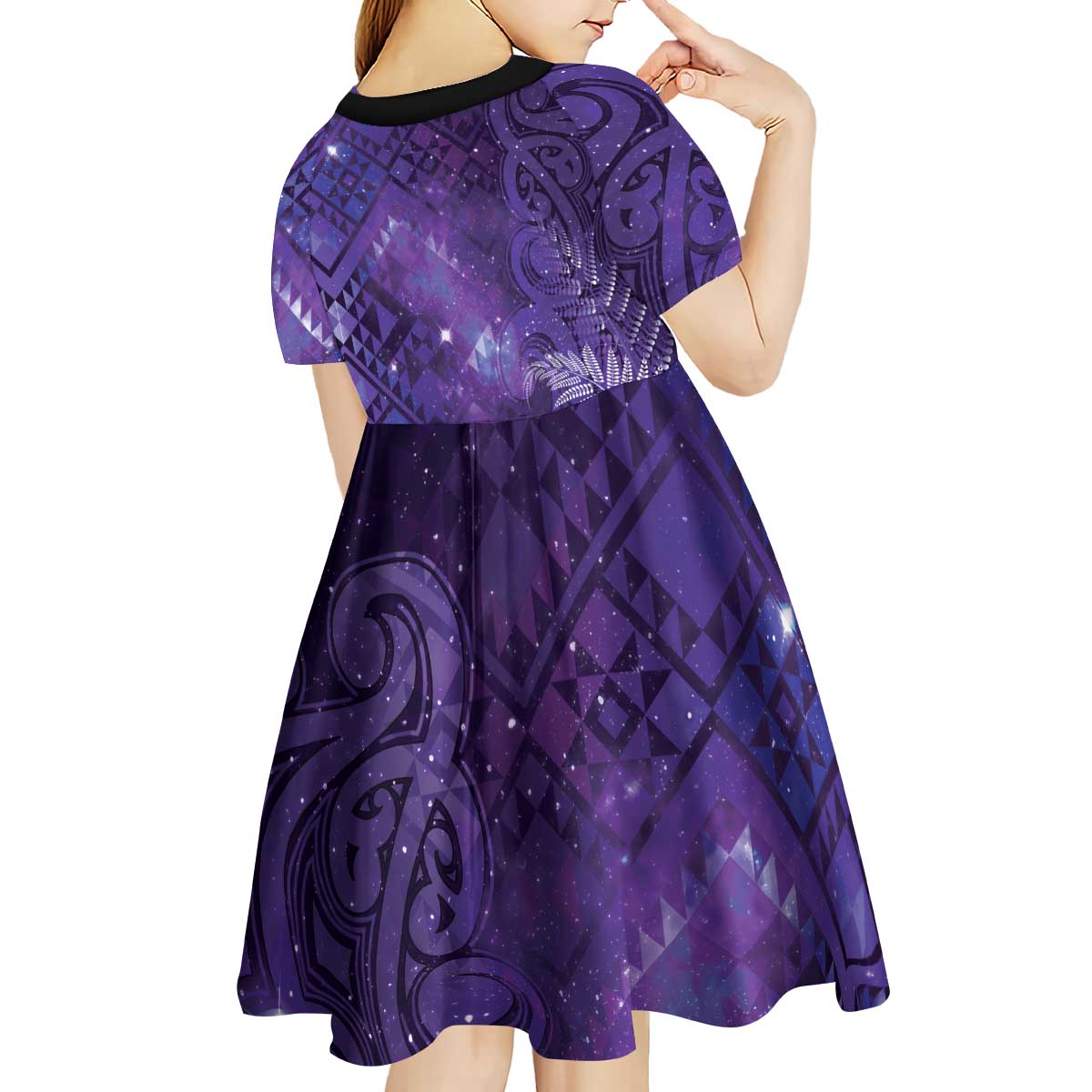 Aotearoa Taniko Matariki Kid Short Sleeve Dress Cosmic Violet