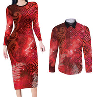 Aotearoa Taniko Matariki Couples Matching Long Sleeve Bodycon Dress and Long Sleeve Button Shirt Cosmic Red