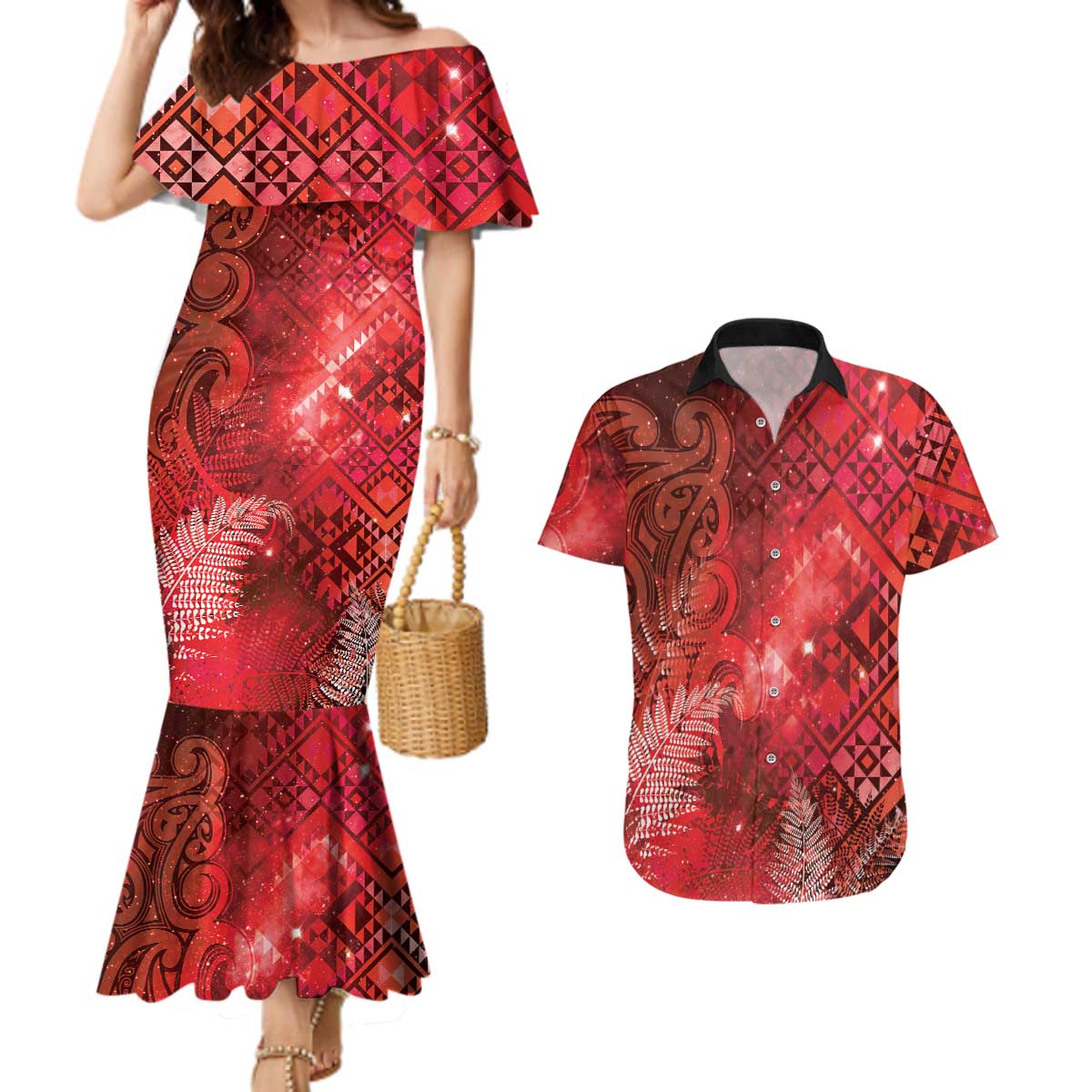 Aotearoa Taniko Matariki Couples Matching Mermaid Dress and Hawaiian Shirt Cosmic Red
