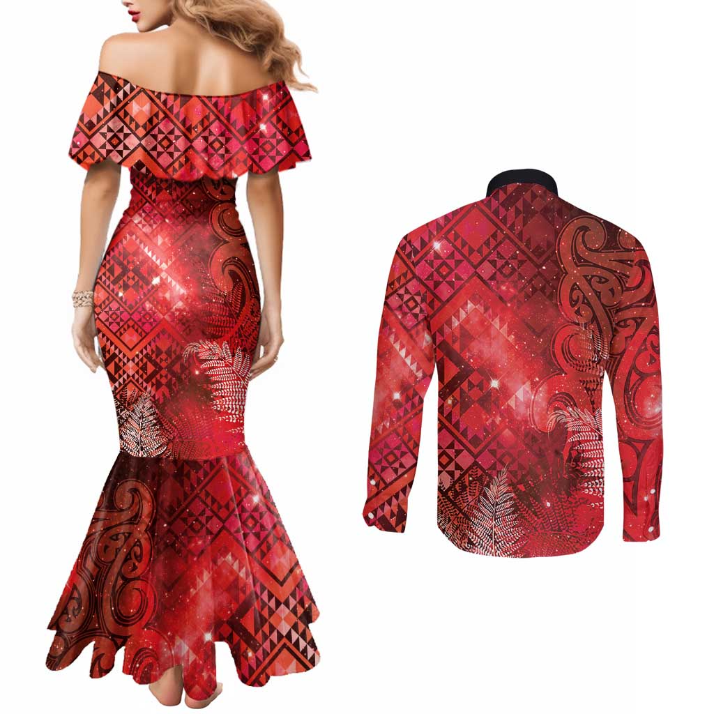 Aotearoa Taniko Matariki Couples Matching Mermaid Dress and Long Sleeve Button Shirt Cosmic Red