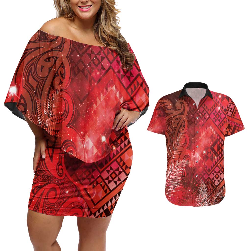 Aotearoa Taniko Matariki Couples Matching Off Shoulder Short Dress and Hawaiian Shirt Cosmic Red