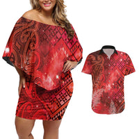 Aotearoa Taniko Matariki Couples Matching Off Shoulder Short Dress and Hawaiian Shirt Cosmic Red