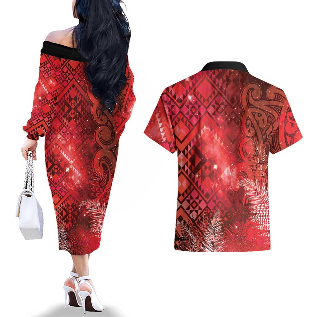 Aotearoa Taniko Matariki Couples Matching Off The Shoulder Long Sleeve Dress and Hawaiian Shirt Cosmic Red