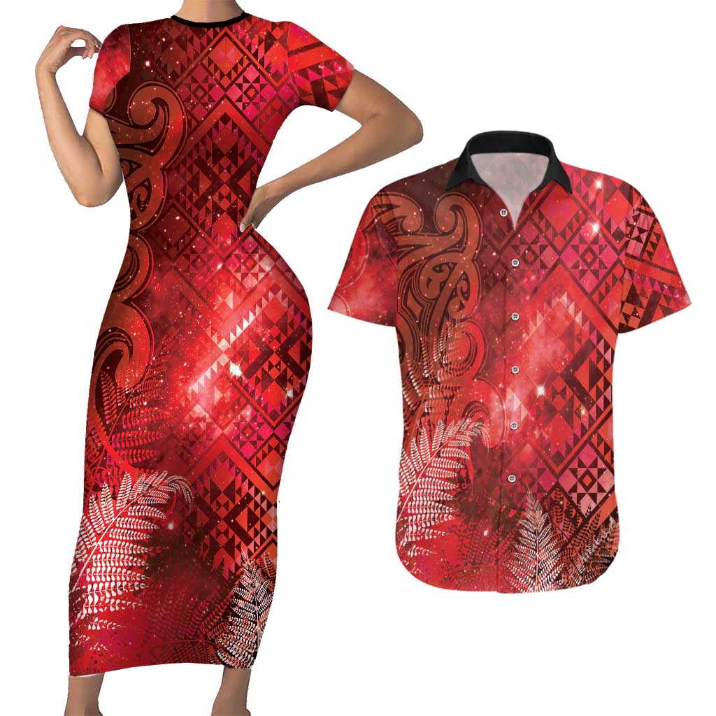 Aotearoa Taniko Matariki Couples Matching Short Sleeve Bodycon Dress and Hawaiian Shirt Cosmic Red