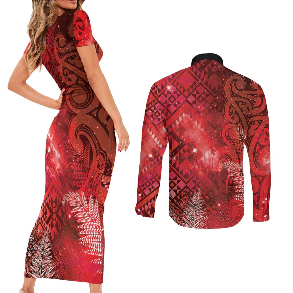Aotearoa Taniko Matariki Couples Matching Short Sleeve Bodycon Dress and Long Sleeve Button Shirt Cosmic Red