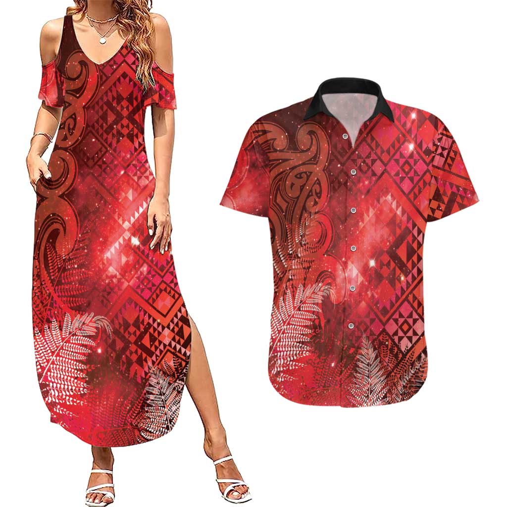 Aotearoa Taniko Matariki Couples Matching Summer Maxi Dress and Hawaiian Shirt Cosmic Red