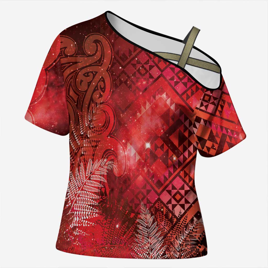 Aotearoa Taniko Matariki Cross Shoulder Shirt Cosmic Red