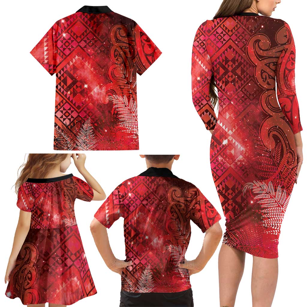 Aotearoa Taniko Matariki Family Matching Long Sleeve Bodycon Dress and Hawaiian Shirt Cosmic Red LT7 - Polynesian Pride