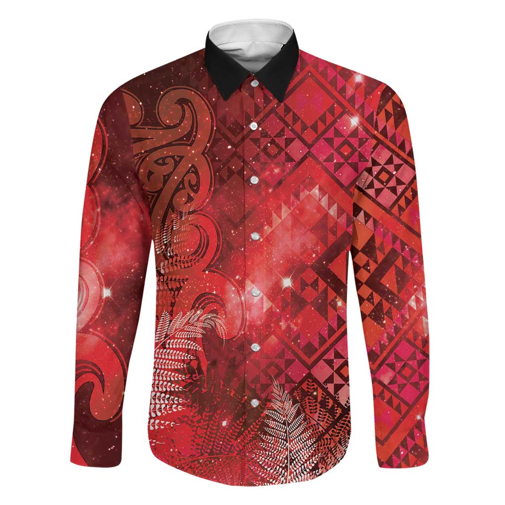 Aotearoa Taniko Matariki Family Matching Long Sleeve Bodycon Dress and Hawaiian Shirt Cosmic Red LT7 Dad's Shirt - Long Sleeve Red - Polynesian Pride